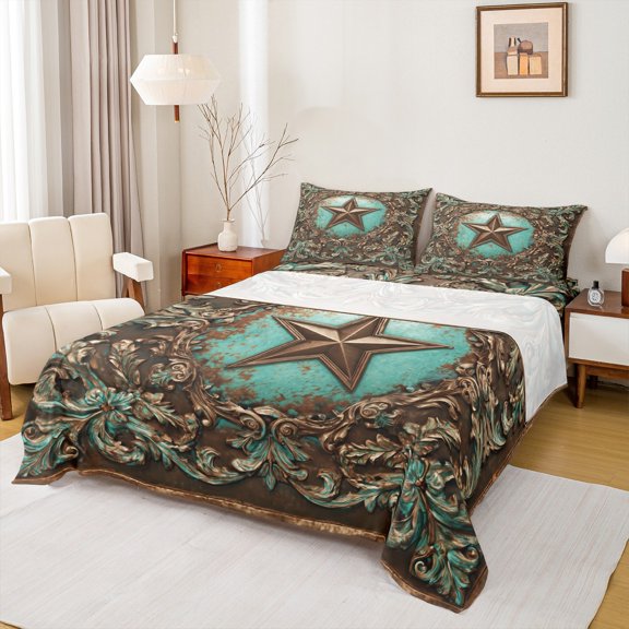 Castle Fairy Western Texas Stars Bed Sheets for Female Men, Bohemian Damask King Sheets