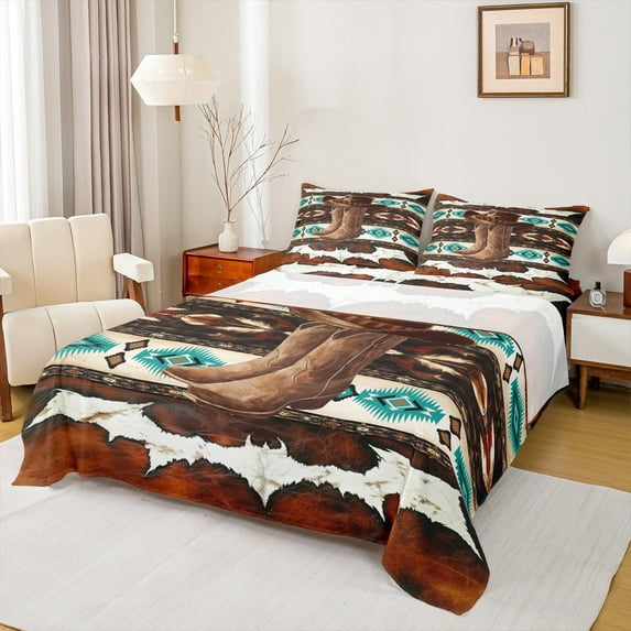 Castle Fairy Western Tribal Aztec Full Size Sheets,Brown Boots Hat Bed Sheets