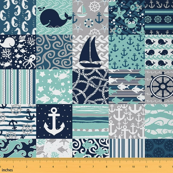 Castle Fairy Whale Seahorse Crab Fabric by the Yard 1 Yard for Teens,Nautical Anchor Home Decor Fabric by the Yard,Geometric Plaid Stripes Room Decor Fabric by the Yard,Microfiber Bedroom Decor