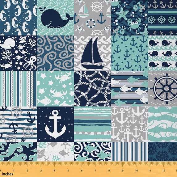 Castle Fairy Whale Seahorse Crab Fabric by the Yard 5 Yards for Teens,Nautical Anchor Fabric for Sewing,Geometric Plaid Stripes Home Decor Fabric by the Yard,Microfiber Bedroom Decor