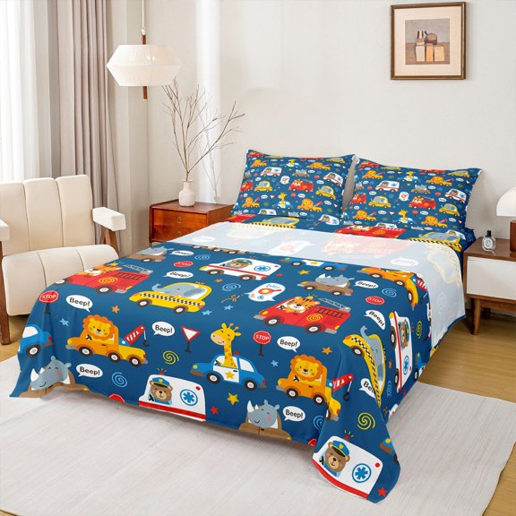 Castle Fairy Whimsical Animal Vehicle Full Size Sheets 4-Piece for Kids, Cartoon Taxi Print Bed Sheets for Modern Room, Dark Blue