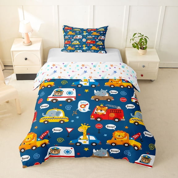 Castle Fairy Whimsical Animal Vehicle Twin Bedding for Kids, Cartoon Taxi Print Duvet Cover Set for Modern Room, Dark Blue,2pcs,No Comforter