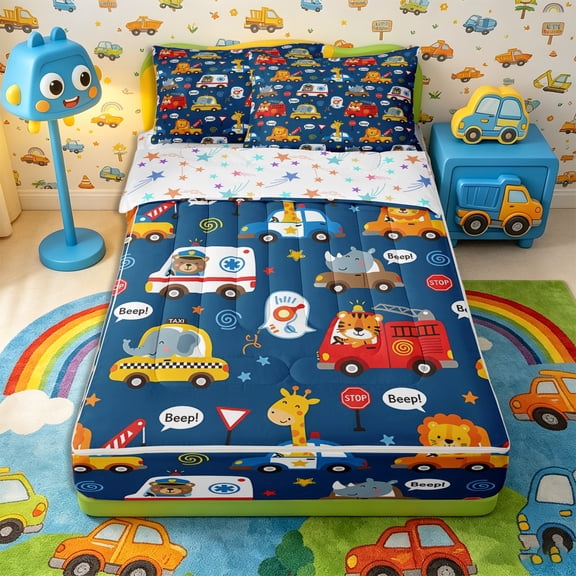 Castle Fairy Whimsical Animal Vehicle Zipper Twin Comforter Sets with Fitted Sheet and 2 Pillowcases,Cartoon Taxi Print Zipper Bedding Set for Bedroom,Dark Blue,4-Piece,Reversible
