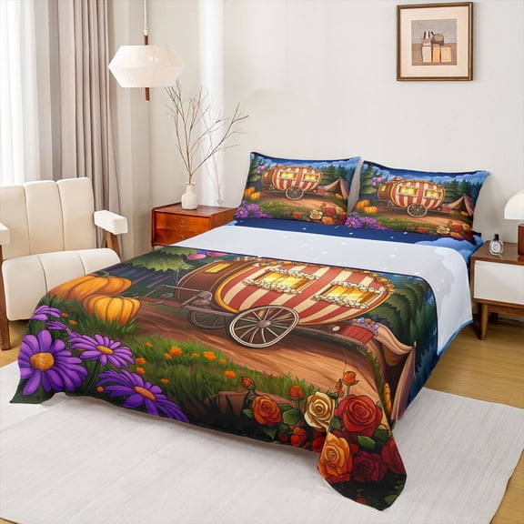 Castle Fairy Whimsical Camper Bed Sheets 4pcs for Teens, Forest Art King Sheets for Bedroom, Red Green