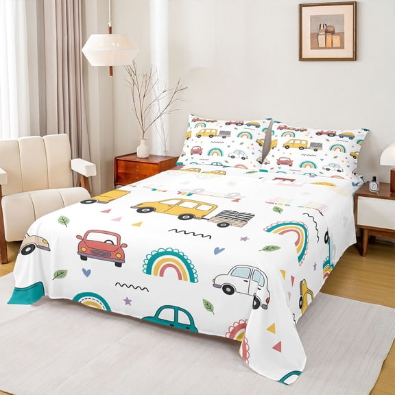 Castle Fairy Whimsical Car Truck Bed Sheets 4pcs for Toddlers, Rainbow Vehicle King Sheets for Bedroom, Yellow Red White