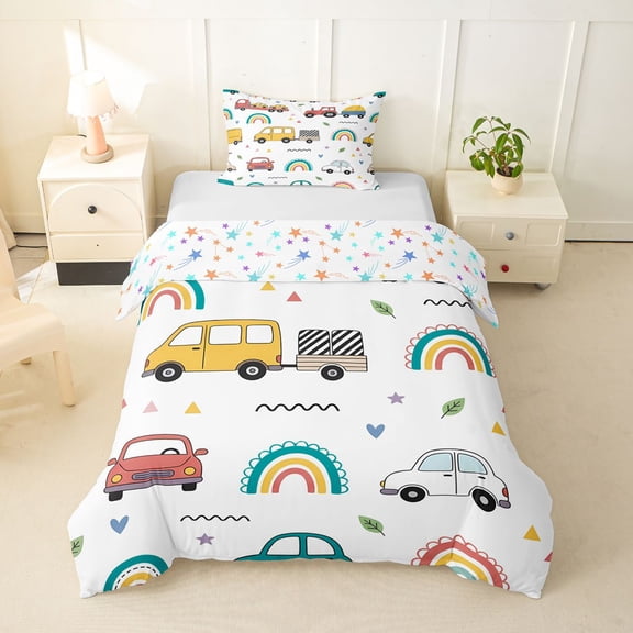 Castle Fairy Whimsical Car Truck Twin Bedding for Toddlers, Rainbow Vehicle Duvet Cover Set for Bedroom, Yellow Red White,2pcs,No Comforter
