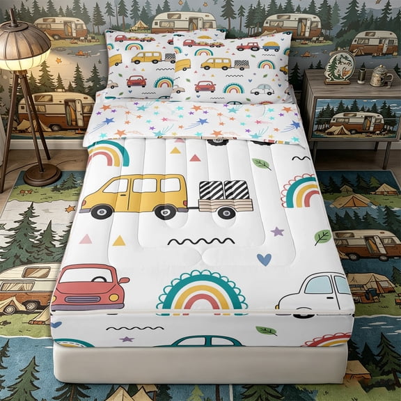 Castle Fairy Whimsical Car Truck Zipper Twin Comforter Sets with Fitted Sheet and 2 Pillowcases,Rainbow Vehicle Zipper Bedding Set for Bedroom,Yellow Red White,4-Piece,Reversible
