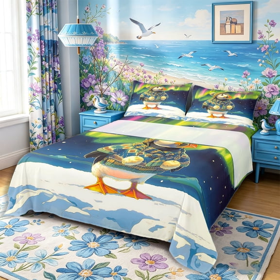 Castle Fairy Whimsical Cartoon Winter Puffin Bed Sheets 4-Piece,Aurora Borealis Snow Ice Landscape Full Size Sheets,Green Navy,1 Fitted Sheet,1 Flat Sheet and 2 Pillowcases