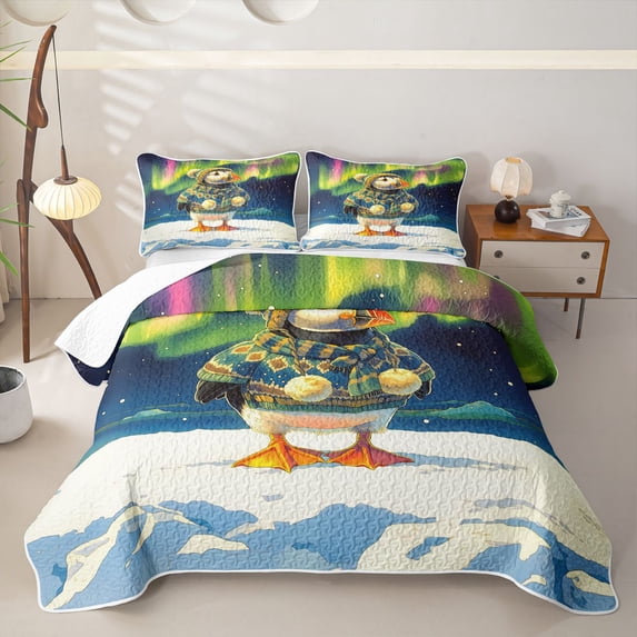 Castle Fairy Whimsical Cartoon Winter Puffin Twin Quilt Set,Aurora Borealis Snow Ice Landscape Twin Coverlet Set,Green Navy