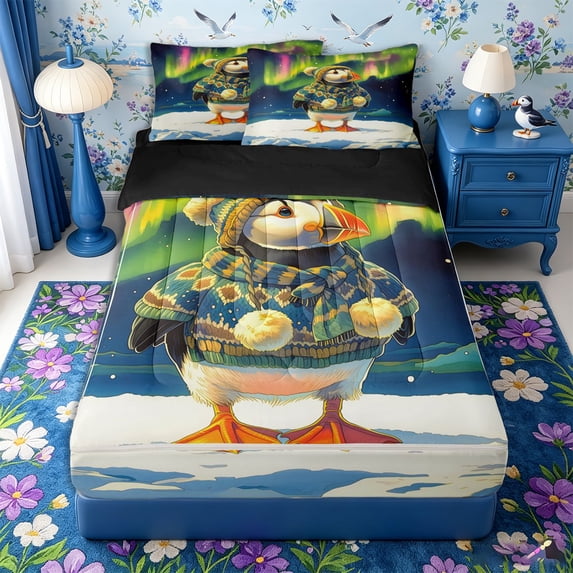 Castle Fairy Whimsical Cartoon Winter Puffin Zipper Twin Comforter Sets with Fitted Sheet and 2 Pillowcases,Aurora Borealis Snow Ice Landscape Zipper Bedding Set,Green Navy,Black Reversible,4-Piece