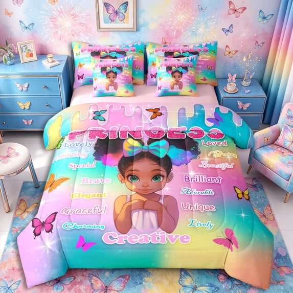 Castle Fairy Whimsical Princess Black Girl King Bedding 7pcs,Colorful Rainbow Butterfly Print King Bed in a Bag,Teal Pink Yellow,Pink Reversible