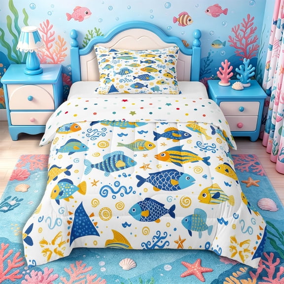 Castle Fairy Whimsical Striped Ocean Fish Twin Comforter Sets 2pcs,Wave Starfish White Aquatic Tile Bedding Set,Gold Navy,Reversible,1 Comforter and 1 Pillowcase