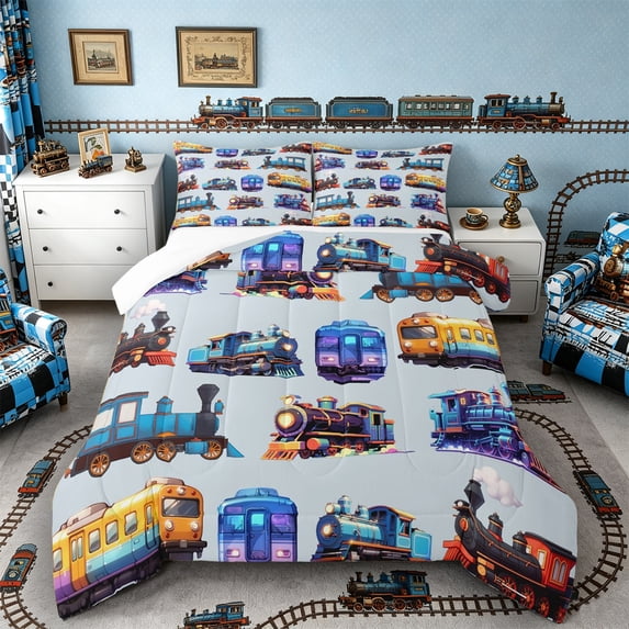 Castle Fairy Whimsical Train Art Full Size Comforter Sets 3 Pieces for Toddlers, Playful Engine Pattern Bedding Sets for Bedroom, Light Blue