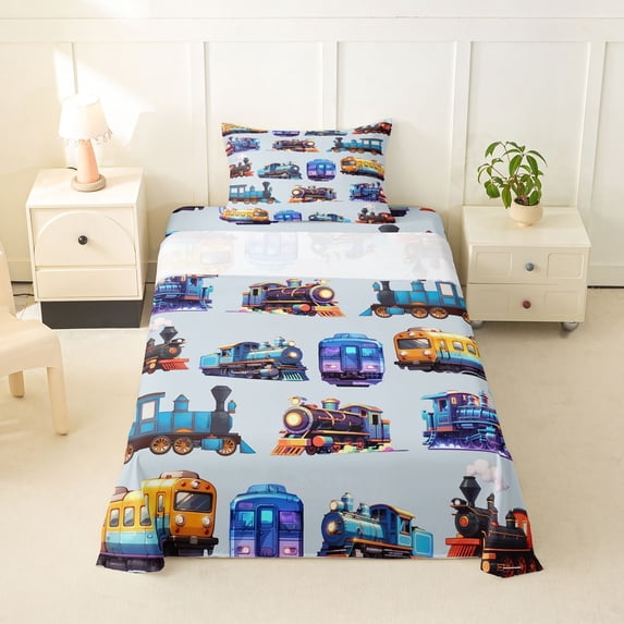 Castle Fairy Whimsical Train Art Twin Sheet Sets 3pcs for Toddlers, Playful Engine Pattern Bedding for Bedroom, Light Blue