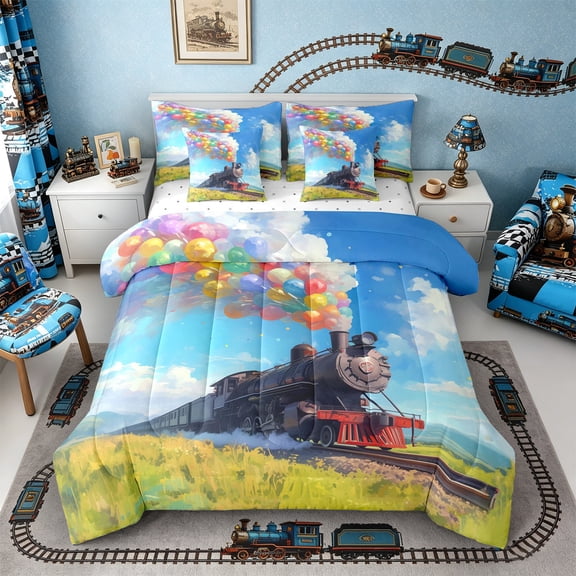 Castle Fairy Whimsical Train Bedding Comforter Set 7pcs for Teens, Balloon Meadow Queen Bedding Sets for Modern Room, Blue Yellow