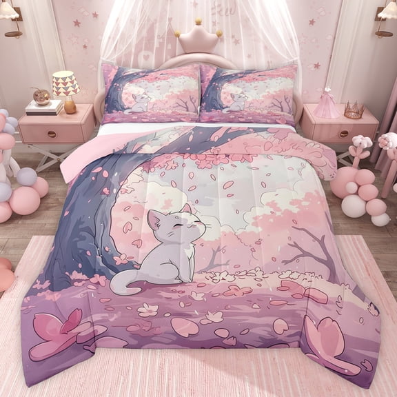 Castle Fairy White Cats Twin Comforter Sets,Floral Cherry Blossom Bedding Set