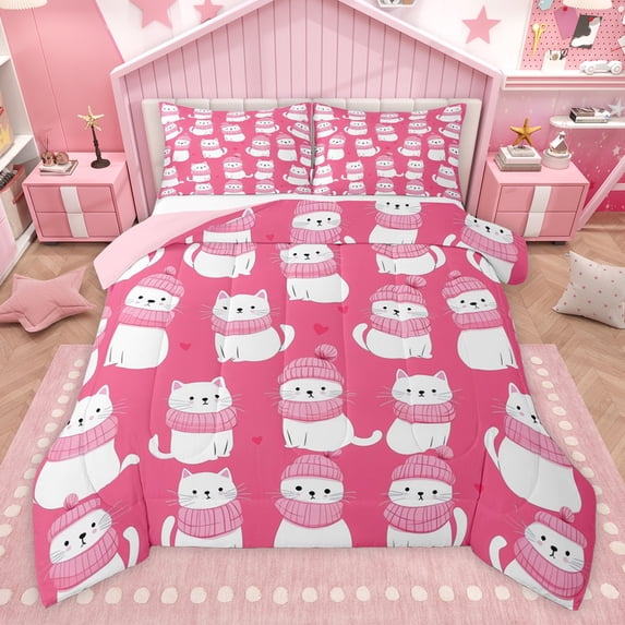 Castle Fairy White Cats Twin Comforter Sets for Kids Children,Kawaii Pet Bedding Set