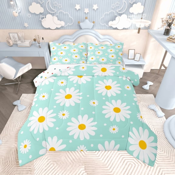Castle Fairy White Daisy 3-Piece Full Size Comforter Sets for Teens,Polka Dots Bedding Comforter Set,Spring Graden Lightweight Bedding Sets,Microfiber Bedroom Decor