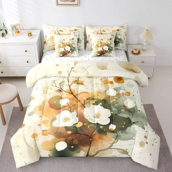 Castle Fairy White Flower 7 Pieces Bedding Comforter Set for Teenager,Watercolor Splash Full Bedding Set Lightweight,Rustic Vintage Fitted Sheet Flat Sheet,Luxury Bedroom Decor