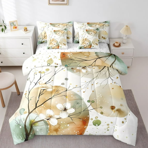 Castle Fairy White Flower 7pcs Bedding Comforter Set for Teenager,Watercolor Splash Queen Bedding Sets Super Cozy,Rustic Vintage Queen Sheet Sets,Luxury Bedroom Decor