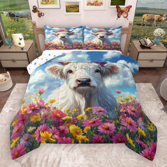 Castle Fairy White Highland Bull 2Pcs Bedding Comforter Set for Teens Boys Girls,Spring Graden Flowers Twin Comforter Sets,Rustic Animal Breathable Bedding Set,Luxury Bedroom Decor