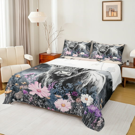 Castle Fairy White Highland Bull 3Pcs Twin Sheet Sets for Teens Girls Boys,Spring Graden Flowers Twin Fitted Sheet,Rustic Animal Breathable Flat Sheet,Luxury Bedroom Decor