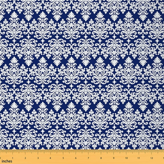 Castle Fairy White Jaquard Damask Fabric by the Yard 1 Yard, Navy Blue Bohemian Room Decor Fabric by the Yard, Baroque Hippie Floral Fabric for Sewing, Breathable Home Decor