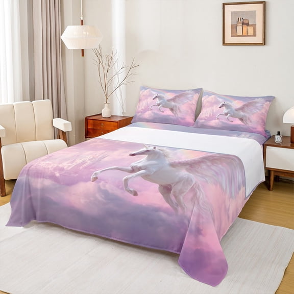 Castle Fairy White Unicorn 4-Piece King Size Bed Sheets
