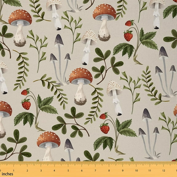 Castle Fairy Wild Mushroom Fabric by the Yard 2 Yards, Botanical Plant Green Leaf Sewing Fabric, Cute Strawberry Room Decor Fabric by the Yard