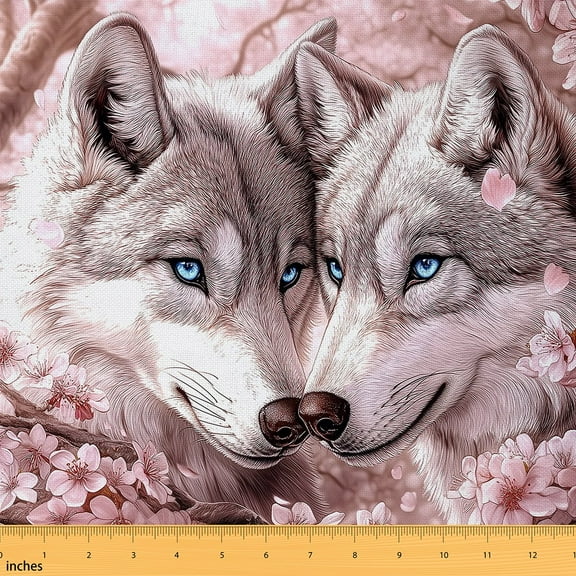 Castle Fairy Wild Wolf Fabric by the Yard 1 Yard, Jungle Animal Wildlife Room Decor Fabric by the Yard, Pink Flower Fabric for Sewing, Breathable Home Decor