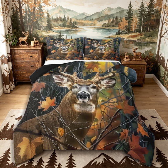Castle Fairy Wildlife Autumn Deer King Size Comforter Sets 3pcs,Maple Twig Woodland Comforters King Size,Ochre Brown Black,Black Reversible,1 Comforter and 2 Pillowcases
