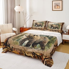 Castle Fairy Wildlife Bear 4 Pieces Queen Sheet Sets,Jungle Animal Ultra Soft Flat Sheet,Tree Branches Queen Fitted Sheet,Lightweight Rustic Room Decor