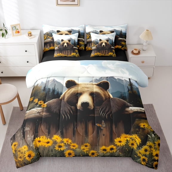Castle Fairy Wildlife Bear 7-Piece Bedding Comforter Set for Teens Men,Chic Flower King Bedding Sets,Rustic Lodge Ultra Soft Bed Sheets,Ultra Soft Home Decor