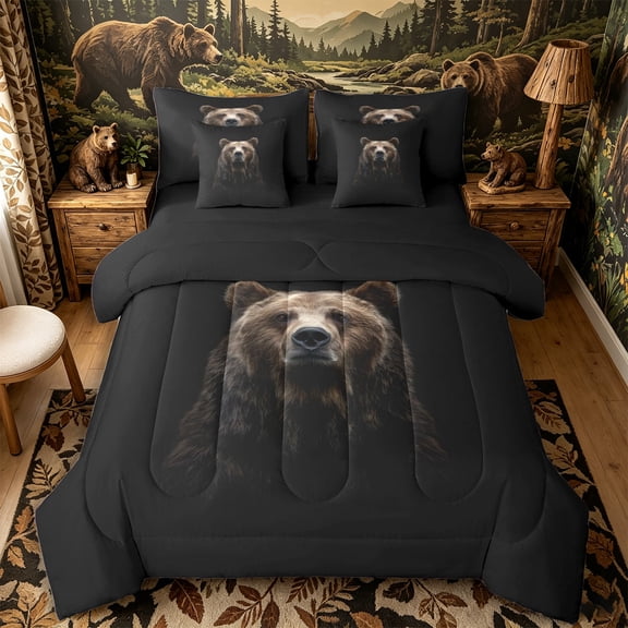 Castle Fairy Wildlife Bear 7-Piece Twin Bedding,Solid Black Bedding Comforter Set,Brown Black,Black Reversible