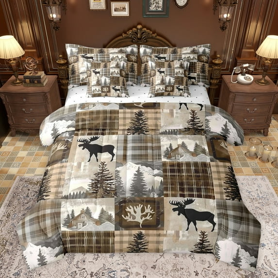 Castle Fairy Wildlife Bear Bedding Comforter Set 7-Piece for Boys Girls,Vintage Geometric Plaid Grid King Bedding Sets,Retro Jungle Cottage Ultra Soft Bed Sheets,Luxury Bedroom Decor,Reversible