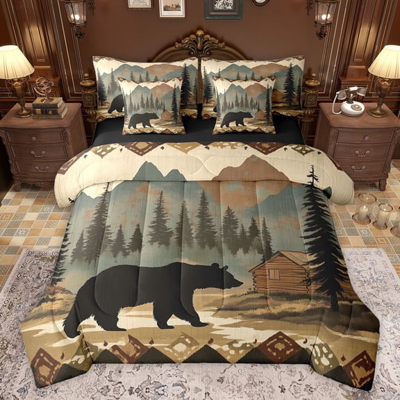 Castle Fairy Wildlife Bear Bedding Comforter Set 7-Piece for Kids Teens Adults,Woodland Jungle Animal King Bedding Sets,Vintage Lodge Cabin Ultra Soft Bed Sheets,Breathable Home Decor,Reversible