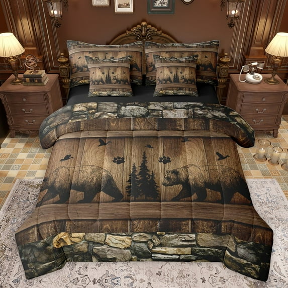 Castle Fairy Wildlife Bear Bedding Comforter Set 7 Pieces for Teens Adults,Jungle Animal Full Bedding Set Lightweight,Vintage Cabin Aesthetic Fitted Sheet Flat Sheet,Lightweight Room Decor