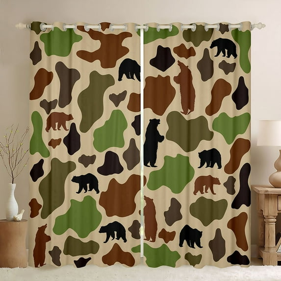 Castle Fairy Wildlife Bear Blackout Curtains Set of 2 (52x84 Each) for Boys Girls,Abstract Geometric Camouflage Window Curtains,Retro Vintage Camo Curtains and Drapes,Luxury Bedroom Decor