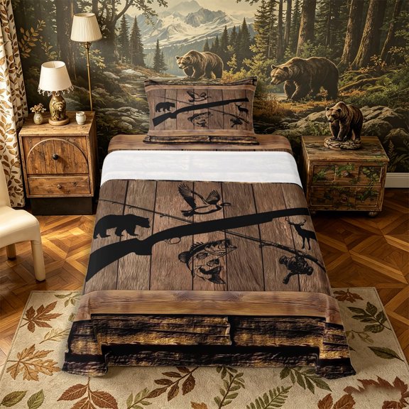 Castle Fairy Wildlife Bear Deer Duck Twin Sheets 3pcs,Rustic Fishing Hunting Bedding,Natural Black,1 Fitted Sheet, 1 Flat Sheet and 1 Pillowcase