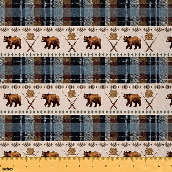 Castle Fairy Wildlife Bear Fabric by the Yard 2 Yard,Plaid Buffalo Sewing Fabric,Tribal Aztec Home Decor Fabric by the Yard,Super Cozy Rustic Room Decor