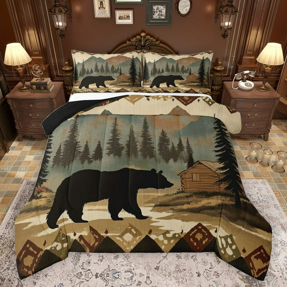 Castle Fairy Wildlife Bear Full Size Comforter Sets 3-Piece for Kids Teens Adults,Woodland Jungle Animal Bedding Comforter Set,Vintage Lodge Cabin Lightweight Bedding Sets,Breathable Home Decor