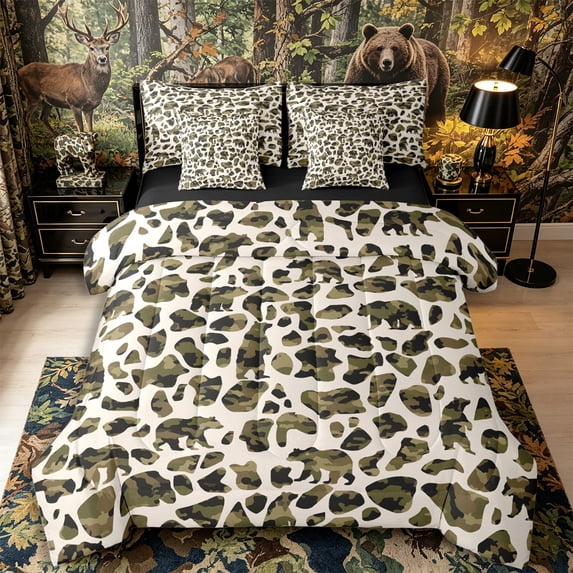 Castle Fairy Wildlife Bear King Bedding 7pcs for Teens,Abstract Vintage Camo Animal King Bed in a Bag,Olive Khaki Cream,Black Reversible