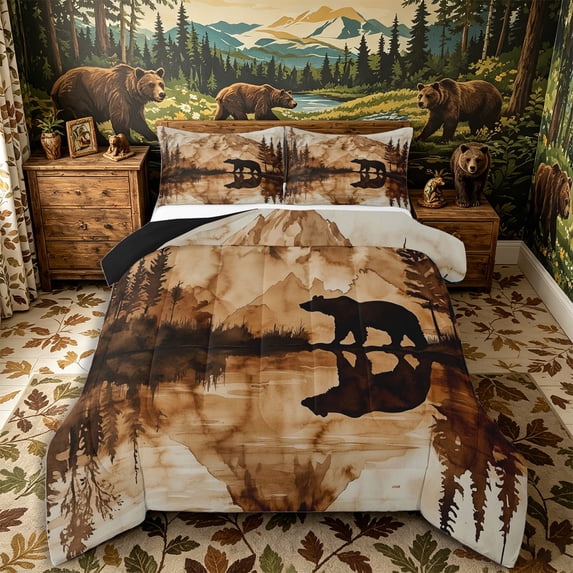 Castle Fairy Wildlife Bear Queen Comforter Set 3 Pieces,Watercolor Vintage Jungle Animal Comforter Sets Queen,Sepia Brown Cream,Black Reversible,1 Comforter and 2 Pillowcases
