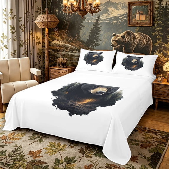 Castle Fairy Wildlife Bear Queen Sheets 4 Pieces,Jungle Animal Queen Sheet Sets,Black Gold Cream,1 Fitted Sheet, 1 Flat Sheet and 2 Pillowcases