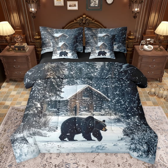 Castle Fairy Wildlife Bear Twin Bedding Sets 7-Piece for Kids Teenagers Adults,Winter Snowflakes Cabin Bedding Comforter Set Microfiber,Jungle Woodland Animal Breathable Sheet Sets