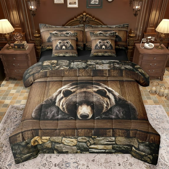 Castle Fairy Wildlife Bear Twin Bedding Sets 7-Piece for Teens Adults,Jungle Animal Bedding Comforter Set Microfiber,Vintage Cabin Aesthetic Breathable Sheet Sets,Lightweight Room Decor,Reversible