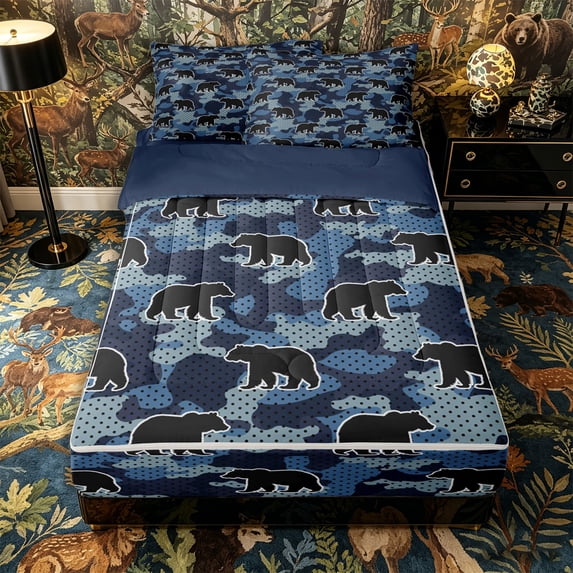 Castle Fairy Wildlife Bear Zipper Twin Comforter Sets with Fitted Sheet and 2 Pillowcases,Polka Dots Camouflage Animal Zipper Bedding Set,Medium Blue,Navy Blue Reversible,4-Piece