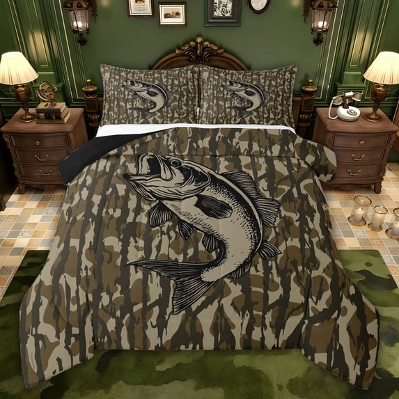 Castle Fairy Wildlife Big Bass Fish Twin Comforter Sets,Vintage Camouflage Bedding Set