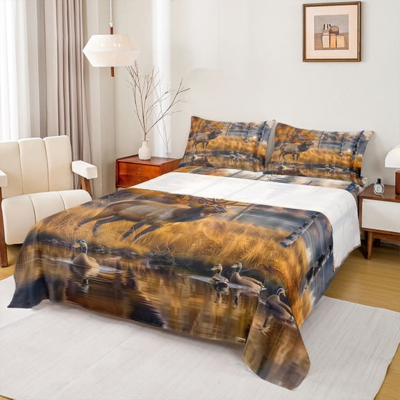 Castle Fairy Wildlife Deer 4pcs Bed Sheets for Kids Teenagers Adults,Lake Mallard Duck King Sheets,Woodland Animal Super Cozy Sheet Set,Super Cozy Room Decor