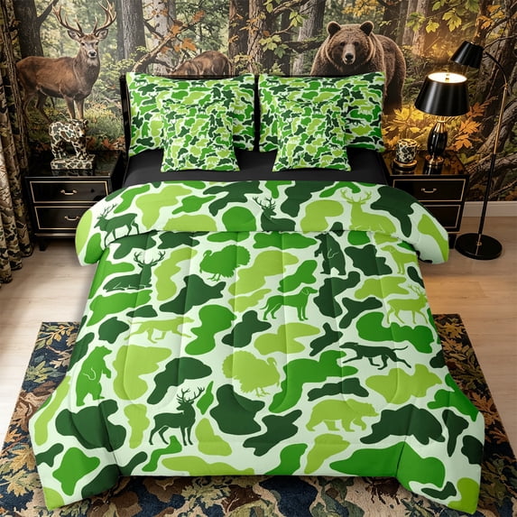 Castle Fairy Wildlife Deer Bear Turkey Dog Queen Bedding 7pcs,Abstract Camo Bedding Comforter Set Queen,Pale Green White,Black Reversible